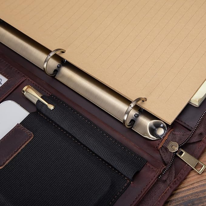 Genuine Leather Portfolio with 3 Ring Binder, Full Grain Leather Padfolio Zippered, A4 Notebook Holder Laptop Sleeve Professional Folder Organizer Gift for Men and Women, Dark Brown
