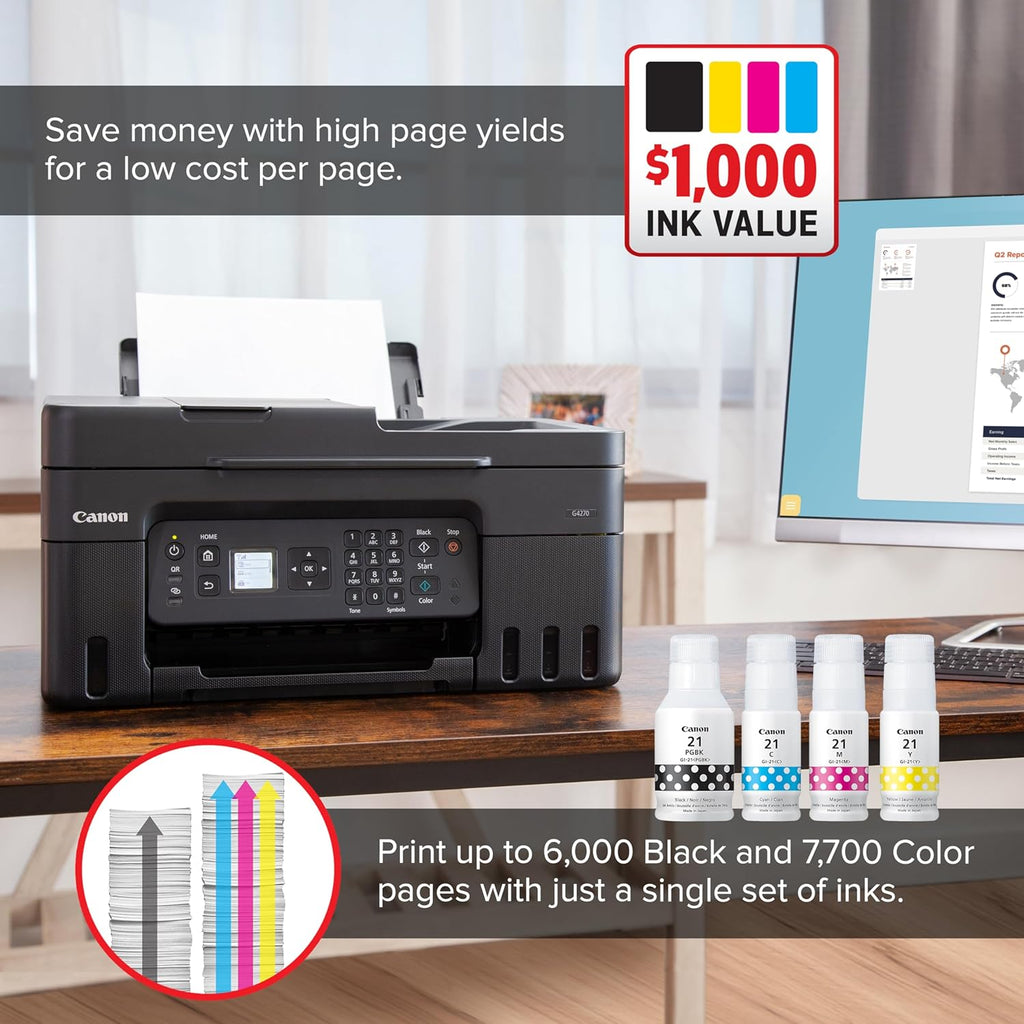 Canon Megatank G4270 All-in-One Wireless Supertank Printer |Print, Copy, Scan and Fax|with Airprint and Mopria Printing|Auto Document Feeder and Backlight 1.35" Square LCD Screen