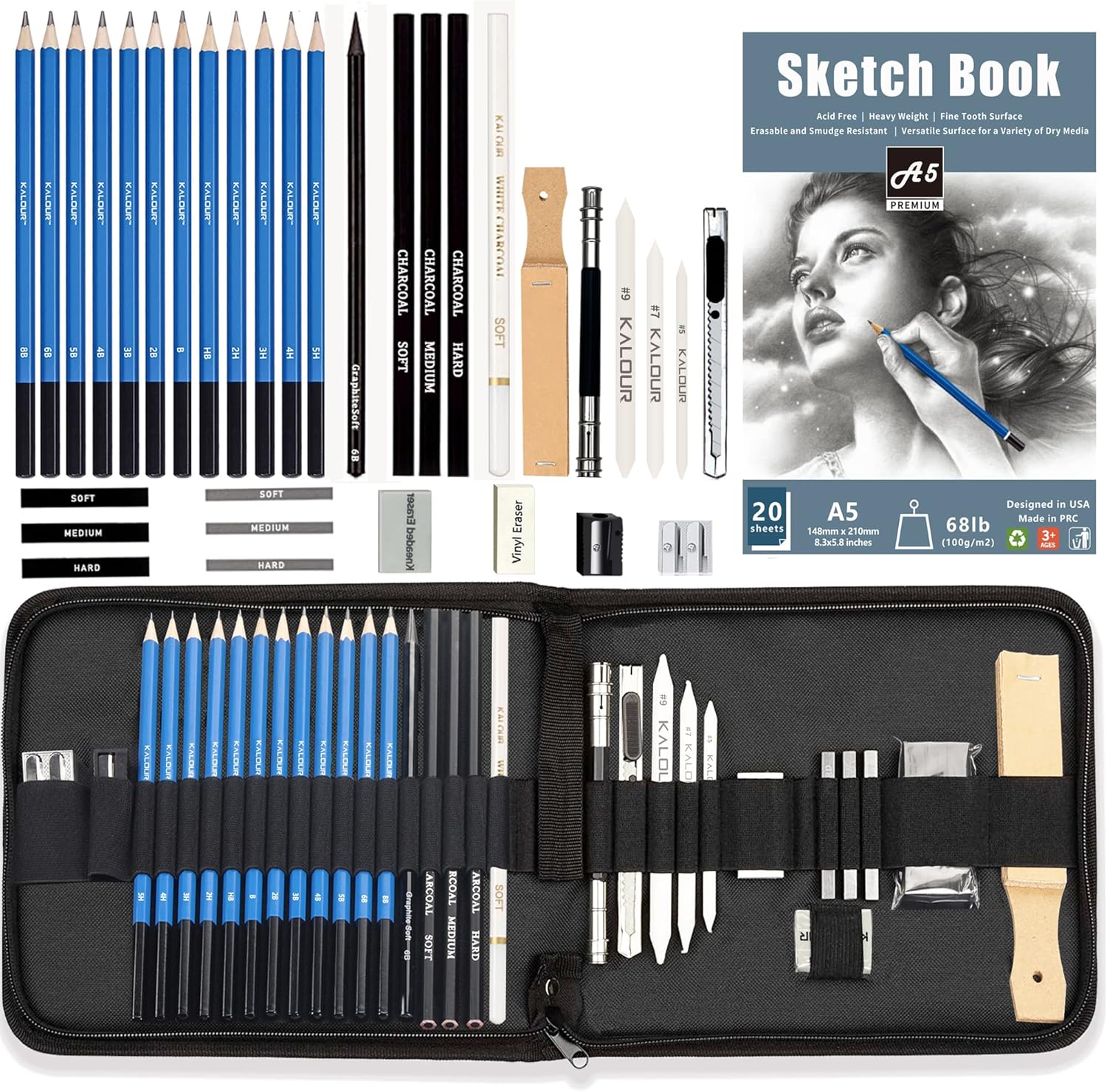 KALOUR 34 Sketching Pencil Set with Sketchbook - Zippered Travel Case - Sketch,Charcoal,Eraser - Art Drawing Supplies for Beginner, Kids,Adults