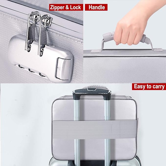 DocSafe Document Bag with Lock,Fireproof 3-Layer File Organizer Case with Water-Resistant Zipper,Document Storage Safe Bag Portable Travel Home for Paper,Files,Certificates,Gifts for Him,Silver