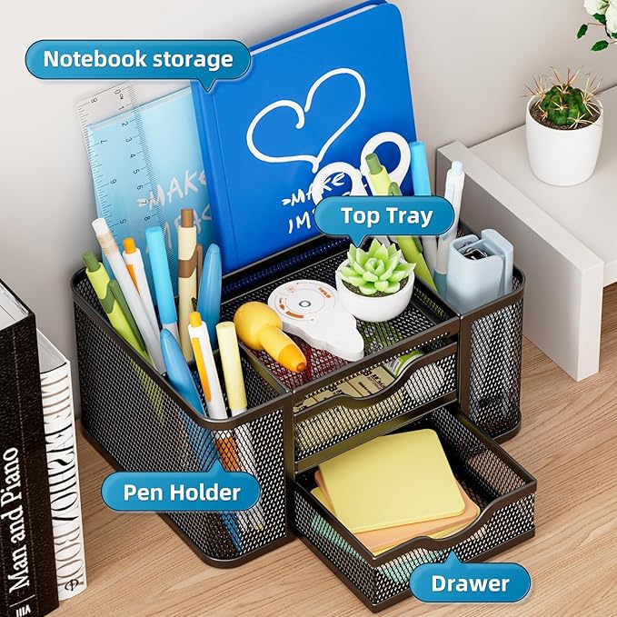 Marbrasse Mesh Desk Organizer, Pen Organizer with 2 Drawer, Multi-Functional Pencil Holder for Desk, Desk Organizers and Accessories with 5 Compartments + Drawer for Office Art Supplies (Black)