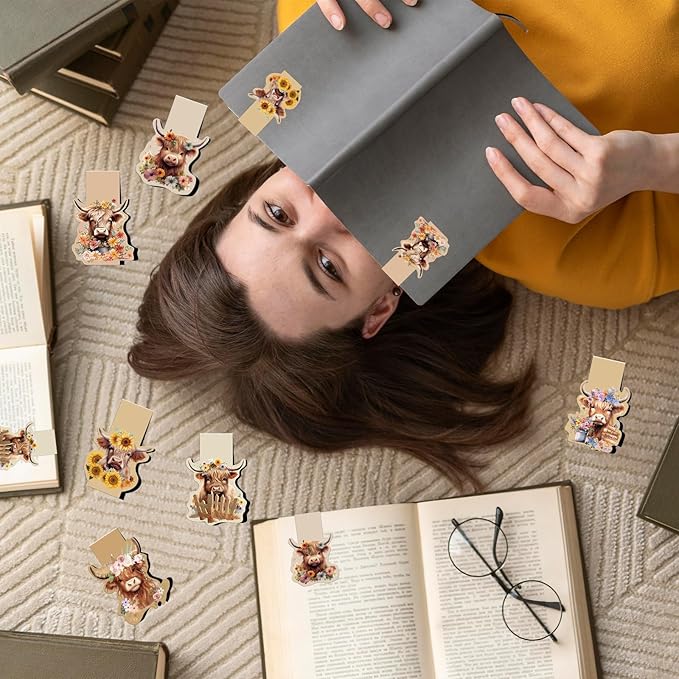 Highland Cow Magnetic Bookmark - 12 Pcs Funny Animal Bookmarks Magnetic Floral Book Mark Magnets Cute Cow Magnets Bookmark Page Clip Gift for Book Lovers Students Teacher Reading Book Marks
