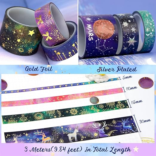 52 Rolls Washi Tape Set, Gold Foil Galaxy Washi Tape for Journaling Supplies, 4 Size Washi Tapes for Scrapbooking, DIY Journal Set, Craft, Gift Wrapping, Painting