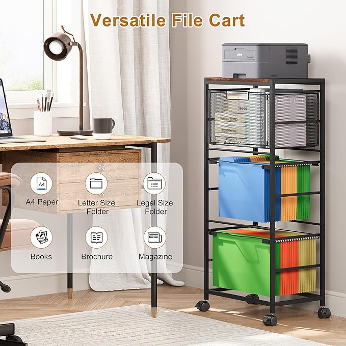 EasyPAG Hanging File Folder Organizer Rolling Cart on Wheels 2 Letter/Legal Size Mobile Hanging File Folder Frame with 1 Pull-Out Drawer for Home Office, Black