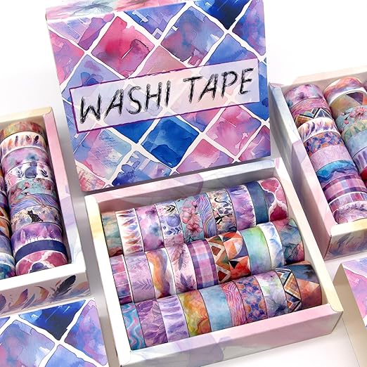 Washi Tape Set 30 Rolls - Colored Decorative Tape, Adhesive Art Tapes for Journaling, Scrapbooking Supplies, DIY Crafts, Junk Journal, School Supplies, Pink Purple Washi Tpae