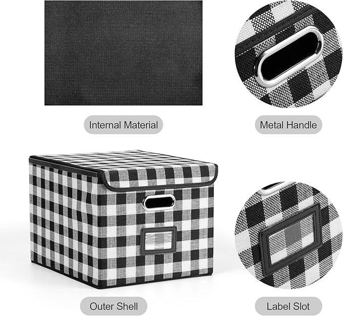 File Organizer Box with Lid for Hanging Folders, Collapsible Storage File Box with Plastic Slide, Portable Document Organizer for Office Home School Desktop Use, Black and White Lattice