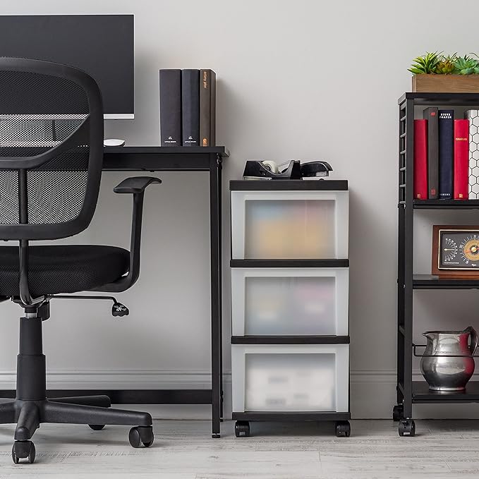 IRIS USA Plastic Drawer Storage Organizer Rolling Cart, with Wheels Casters, 3-Drawers, for Classroom Art Craft Supplies Dresser Closet Bathroom Dorm Bedroom Laundry Room, Black/ Pearl