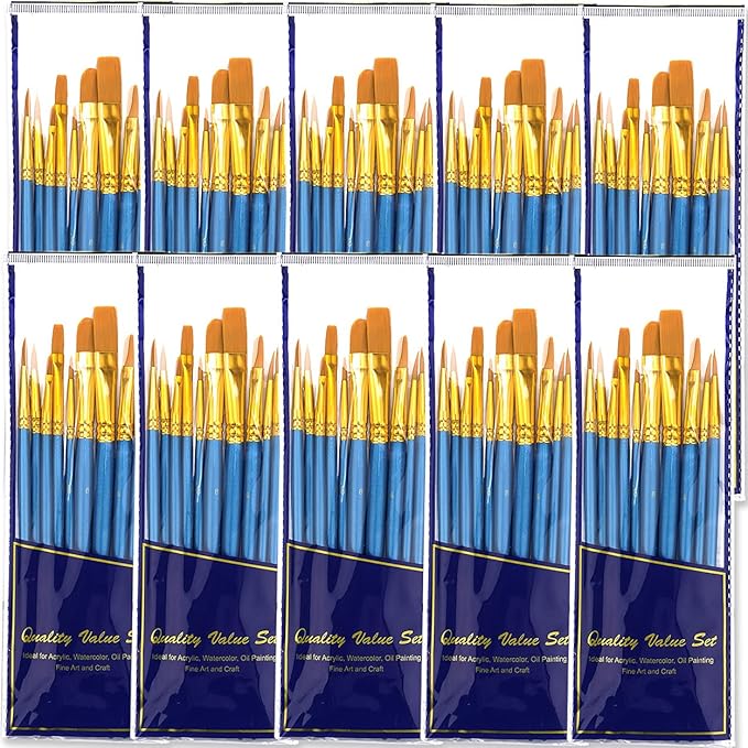 BOSOBO Paint Brush Sets, 10 Pack 100 Pcs Pointed-Round Tip Paintbrushes Nylon Hair Artist Acrylic Paint Brushes for Acrylic Watercolor Oil, Face Art, Model, Miniature Detailing & Rock Painting, Blue