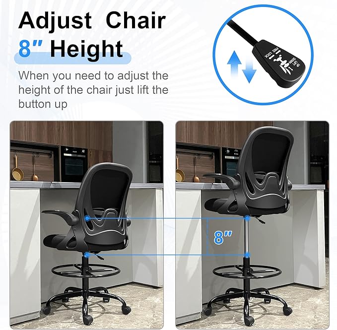 Primy Drafting Chair Tall Office Chair with Flip-up Armrests Executive Ergonomic Computer Standing Desk Chair with Lumbar Support and Adjustable Footrest Ring (Black)