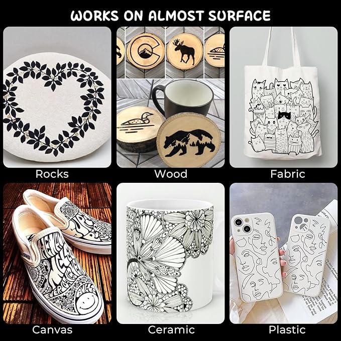 SFAIH Acrylic Black Paint Pens - 8 Pack 2-3MM Medium Tip & 0.7MM Extra Fine White Paint Marker for Rock Painting, Wood, Metal, Fabric, Plastic, Canvas, Glass, Ceramic, Diy Crafts