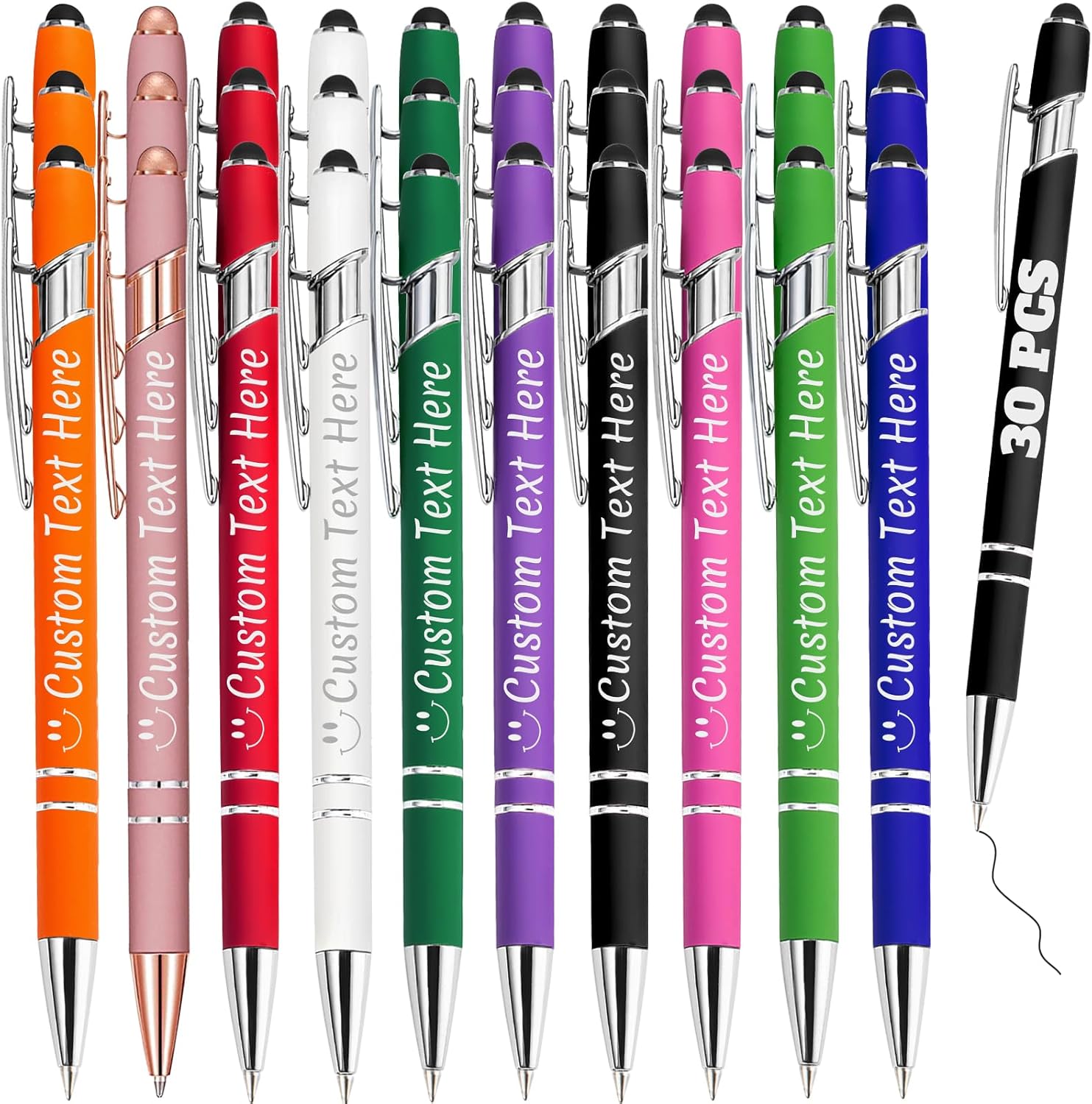 Personalized Pens Bulk 30 with Name Custom Engraving Ballpoint Pens with Stylus Tip Customized Smooth Writing Pens Personalized Gifts for Anniversary Birthday or Graduation(Assorted,Black Ink)