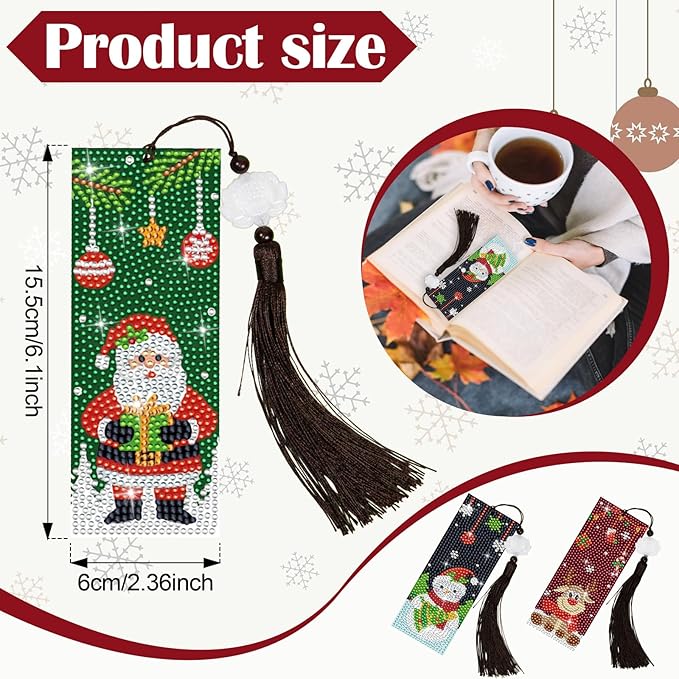 Anseal Christmas Diamond Painting Bookmarks for Book Lovers, Rhinestone PU Leather Diamond Art Bookmark for Women Girls, Tassel Beaded Book Mark for Graduation Birthday Christmas Reading Present