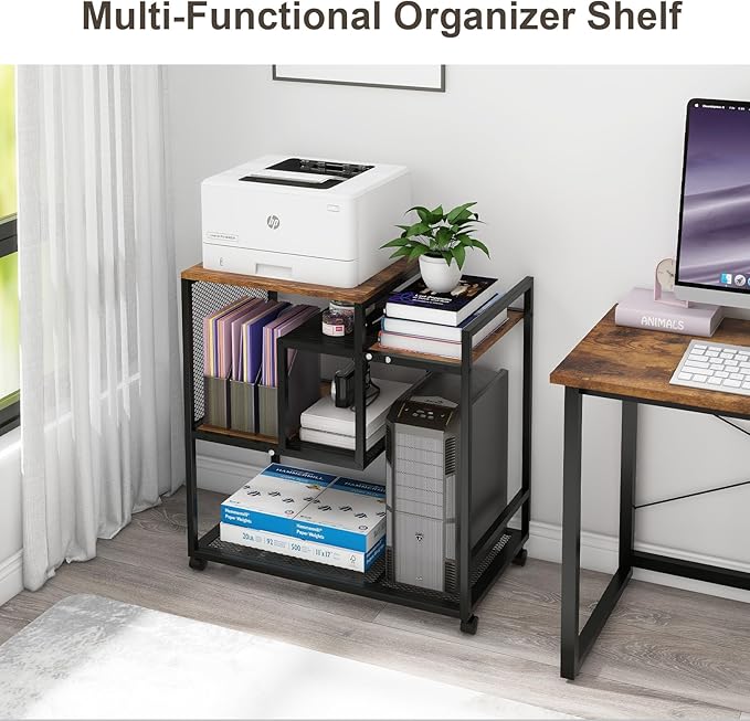 Natwind Mobile Printer Stand with Wheels,Computer Host Cart,PC Tower Stand, Multi-Functional Organizer Shelf for Shredder, Scanner, CPU,File Papers and Other Office Supplies (Retro)