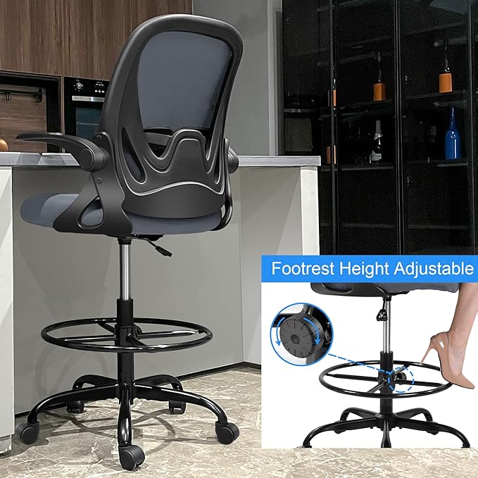 Primy Drafting Chair Tall Office Chair with Flip-up Armrests Executive Ergonomic Computer Standing Desk Chair with Lumbar Support and Adjustable Footrest Ring（Dark Gray）