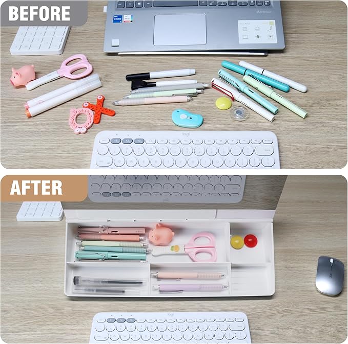 SELEAD Desktop Glass Whiteboard with Organizer & Built-in Mirror, Small Dry Erase White Board Computer Pad Keyboard Stand for Home, School, Office Desk Accessories - White