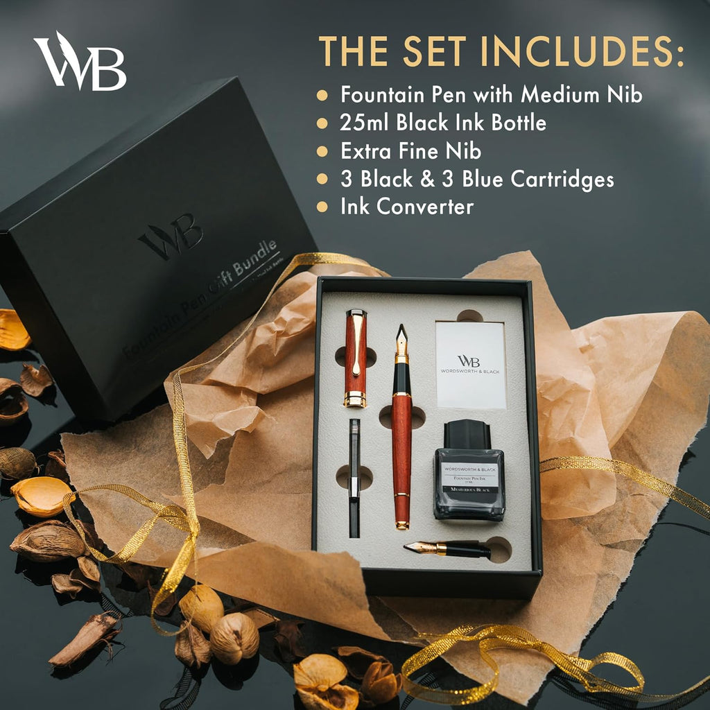 Wordsworth & Black Fountain Pen Set, Luxury Bamboo Wood - Medium Nib, Extra Fine Nib, Gift Case; 25ML Black Ink Bottle, 6 Ink Cartridges, Refill Converter - Calligraphy, Writing [Brown Wood]