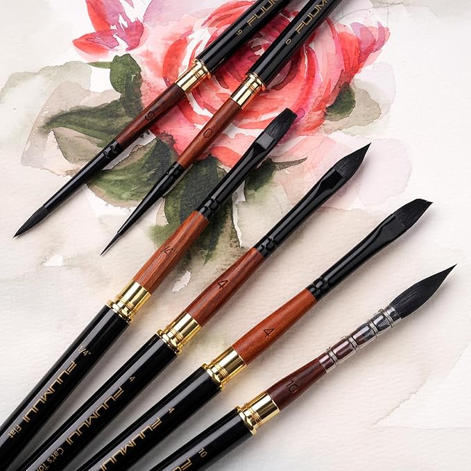 Travel Watercolor Brushes, Fuumuui Professional 6pcs Natural Soft Squirrel Hair Watercolor Travel Brush Set with Graphite Tip Pen Perfect for Watercolor Gouache Ink Painting