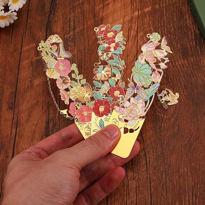 3 PCS Metal Bookmarks, Bookmarks for Reading Women, Pretty Bookmarks for Women, Beautiful Metal Bookmark, Beautiful Flower Bookmark, Lotus, Hollyhock, Camellia (BKM-050-002)