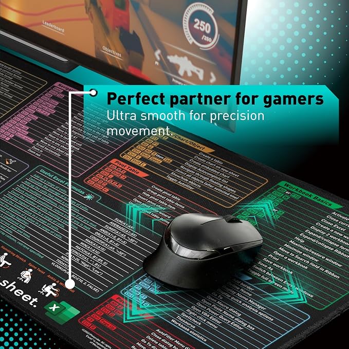 Excel Shortcut Keys Mouse Pad - Extended Large XXL Cheat Sheet Gaming Mousepad | PC Office Spreadsheet Keyboard Mat | Non-Slip Stitched Edge