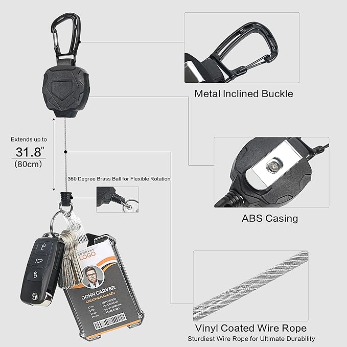 2 Pack Heavy Duty Retractable Badge Reel ID Badge Holder with Breakaway Lanyard Retractable Key Chain Carabiner with ID Cards Holder Cool Tactical ID Holder with Clip