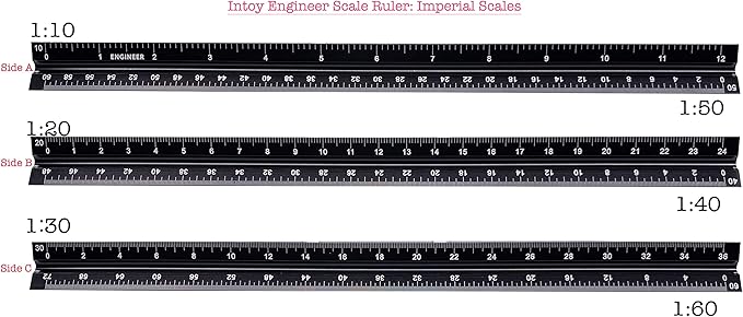 12 Inch Triangular Engineer Scale Ruler, Anodized Solid Aluminum Core with Laser Etched Scales, Imperial Scale - 1:10, 1:20, 1:30, 1:40, 1:50, 1:60, Ideal for Civil Engineering Drafting
