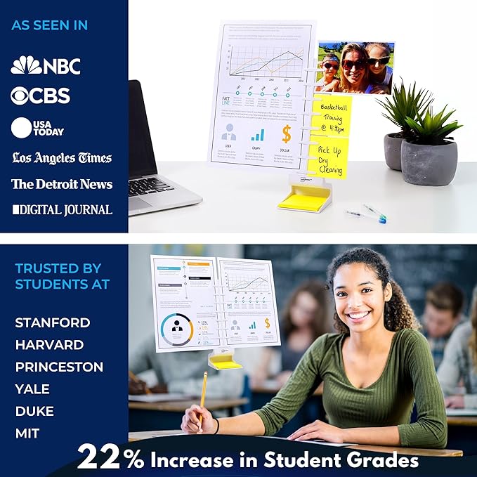 Note Tower Desktop Pro Dual Document Holder for Typing | Compact 2 Page Paper Holder Stand for Desk | Document Stand Holds Copy Paper, Photos & Post Notes | Dispenser includes 3x3 Sticky Notes | White