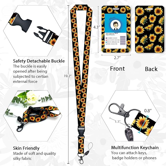 Cute Sunflower Badge Reel Retractable Heavy Duty with 360 Degrees Rotate Carabiner Clip, ID Badge Holder with Detachable Lanyard, ID Holder ID Clip Name Badge Keychain, Nurse Teacher Offfice Gifts