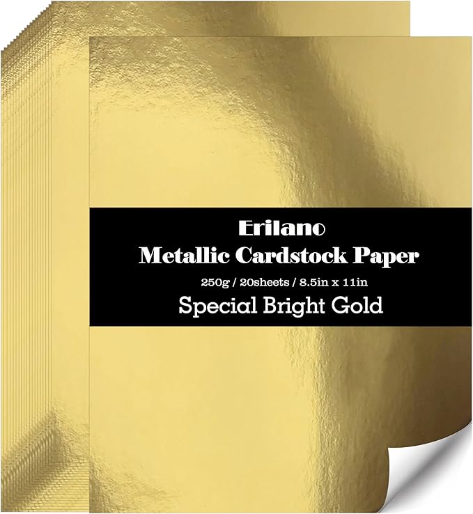 Gold Shimmer Metallic Cardstock Paper - 8.5" x 11" Metallic Paper Square, Golden Foil Mirror Board for Scrapbook, Card Making, Weddings & Birthdays Invitations (20 Sheets Pack, 250gsm)
