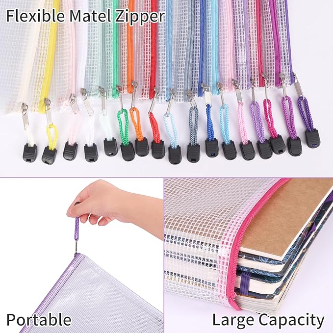 EOOUT 42pcs Mesh Zipper Pouch, 8 Sizes Waterproof Zipper Bags, 17 Colors, Multipurpose for Board Games Travel Storage, School Supplies, and Home Organization