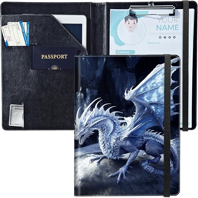PU Leather Padfolio Clipboard Notepad with Pen Loop and Elastic Strap Interview/Resume Document Organizer for Business School Office,Blue Dragon