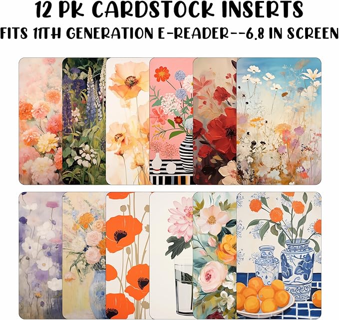 E-reader Cardstock Paper Inserts for Clear Case | 12 pk 4.88 x 6.73” inches Paper White 11th Generation 6.8" Screen Compatible Put Behind Case Colorful Floral Designs Change Out (Design Mix 9)
