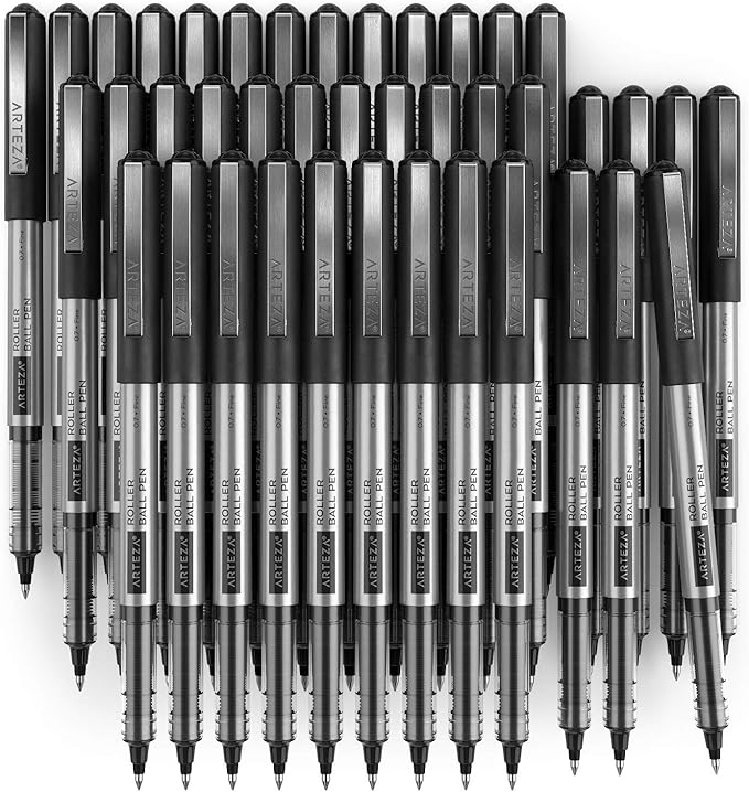 ARTEZA Rollerball Pens, Pack of 40, 0.7mm Black Liquid Ink Pens for Bullet Journaling, Fine Point Rollerball