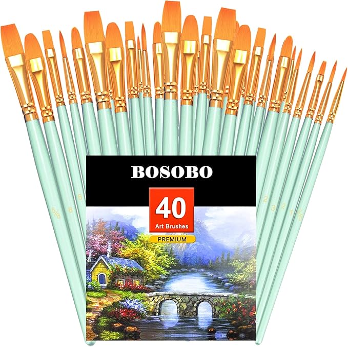 BOSOBO Paint Brushes Set, 4 Pack 40 Pcs Round Pointed Tip Paintbrushes Nylon Hair Artist Acrylic Paint Brushes for Acrylic Oil Watercolor, Face Nail Art, Miniature Detailing & Rock Painting, Green