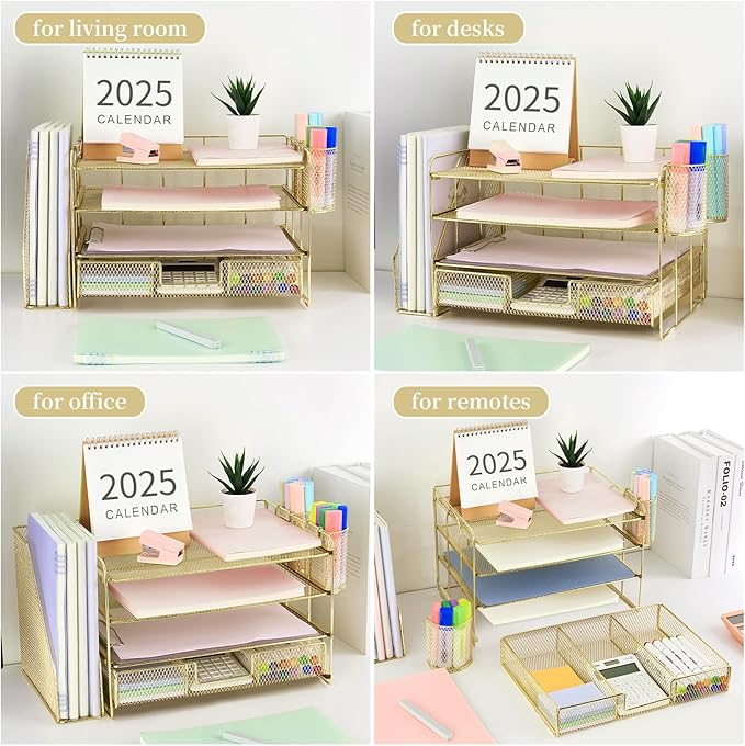 Gianotter Paper Letter Tray Organizer with File Holder, 4-Tier Desk Accessories & Workspace Organizer with Drawer and 2 Pen Holders