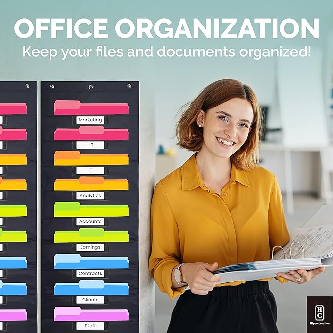 Hippo Creation Storage Pocket Chart for Classroom, 10 Pocket Storage Organizer with 6 Over-Door Hangers, Hanging Wall Organizer for File Folders, School Mailbox, Home Office Papers - Black, 2 Pack