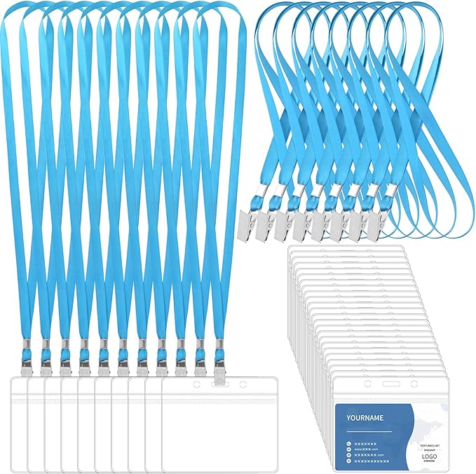 100 Pcs Lanyards for ID Badges and 100 Pcs Clear Name Tag Holders Reusable Lanyard with Clip Plastic ID Card Badge Holder Name Badges for Adults Kids Business School Office Supplies (Light Blue)