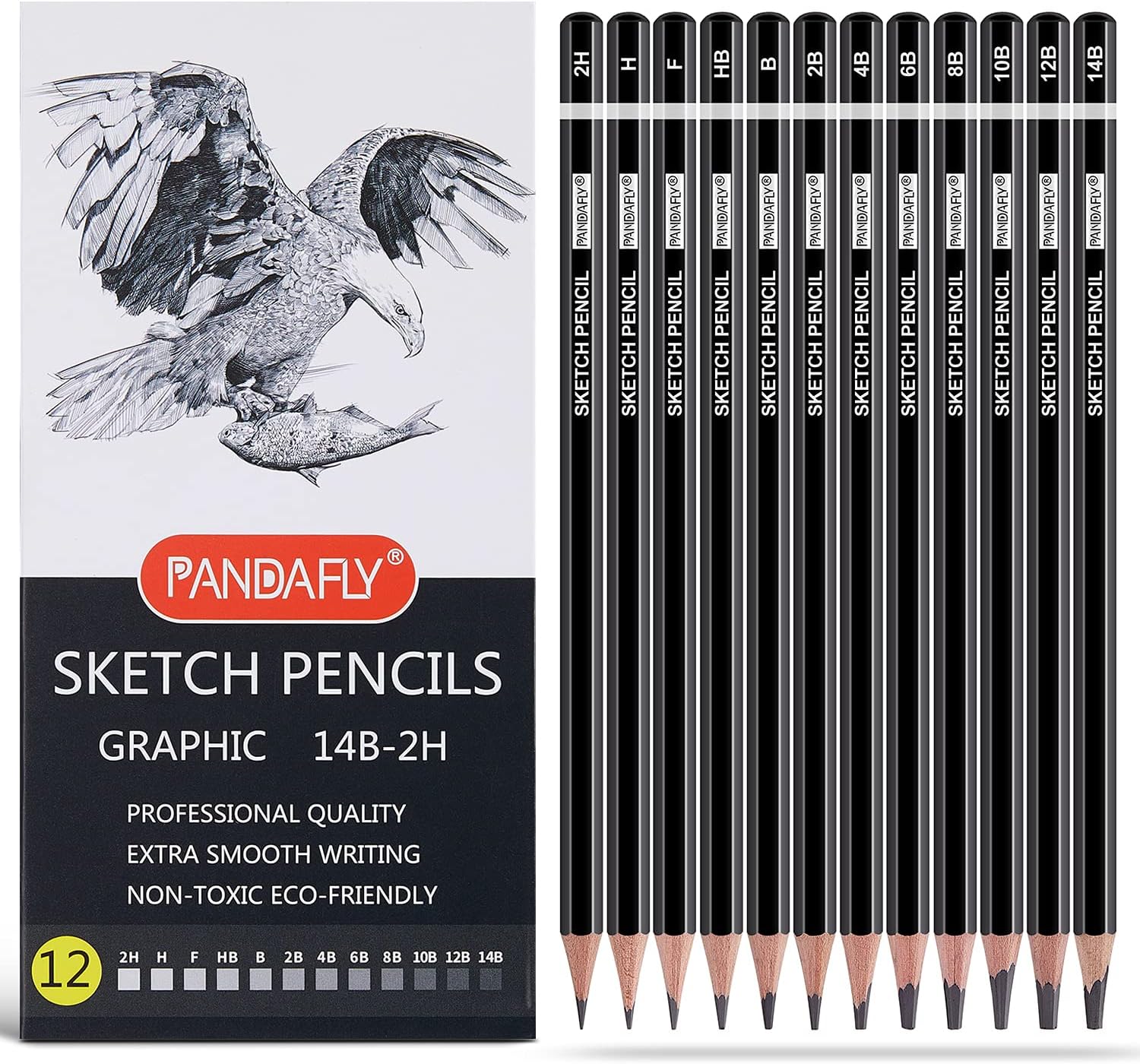 PANDAFLY Professional Drawing Sketching Pencil Set - 12 Pieces Graphite Pencils(14B - 2H), Ideal for Drawing Art, Sketching, Shading, Artist Pencils for Beginners & Pro Artists