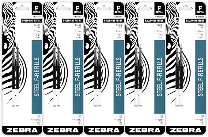 Zebra F-Series Ballpoint Stainless Steel Pen Refill, Fine Point, 0.7mm, Black Ink, 10-Count