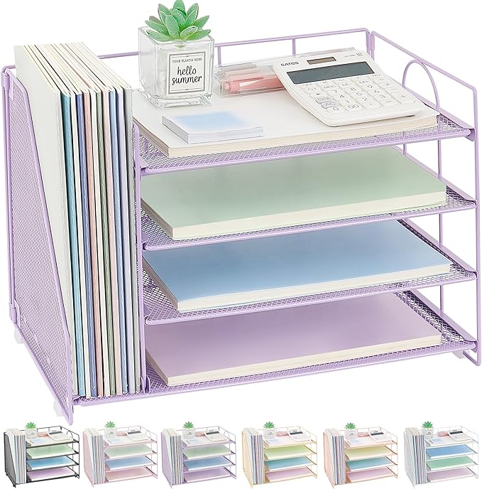 OPNCIE Desk Organizers and Accessories, 4 Tier Paper Letter Tray File Organizer, Office Organization Storage Desk Accessories Workspace Desktop Organizer for Classroom Office Supplies Decor, Purple