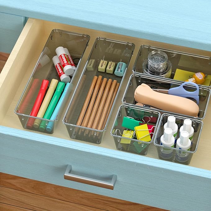 WOWBOX 12 Pack Clear Drawer Organizer Set, Acrylic Drawer Storage Trays, Storage Bins for Makeup, Cosmetics, Jewelries, Utensils, Gadgets, Office, Black