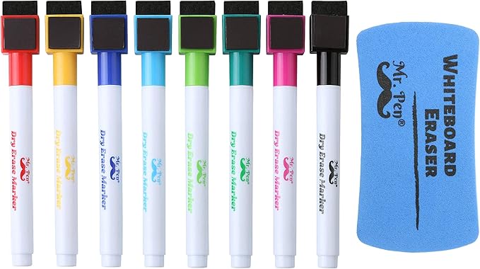 Mr. Pen Magnetic Dry Erase Markers, 8 Pack with Eraser, Magnet, Fine Tip Dry Erase Pens