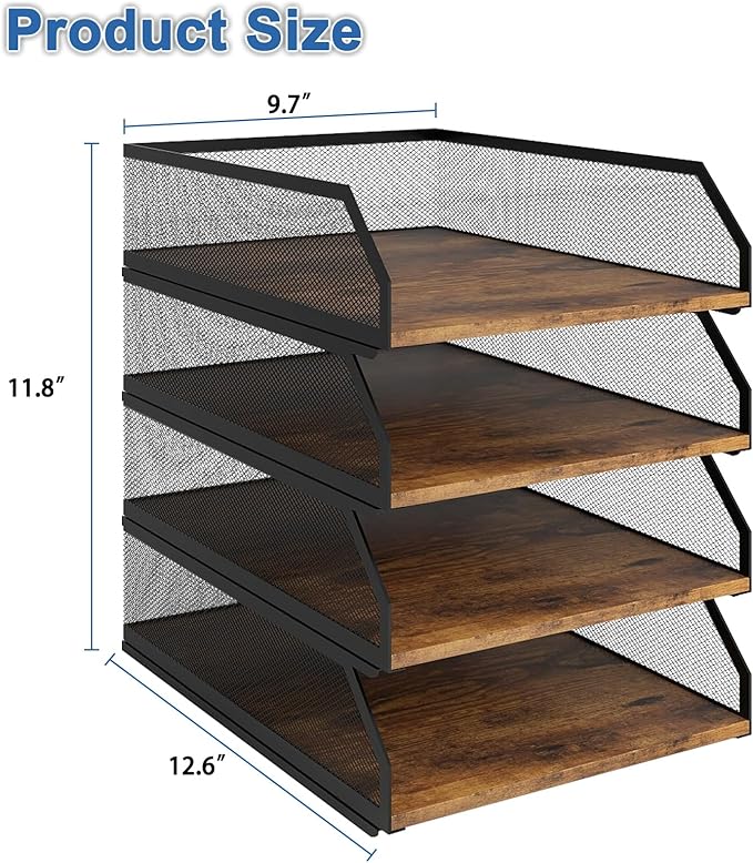 Natwind 4-Tier Stackable Paper Tray, Metal Mesh Desktop Organizer, Wood Board Paper Sorter, Letter Trays,File Document Storage Rack for for Home, Office, School (Retro)