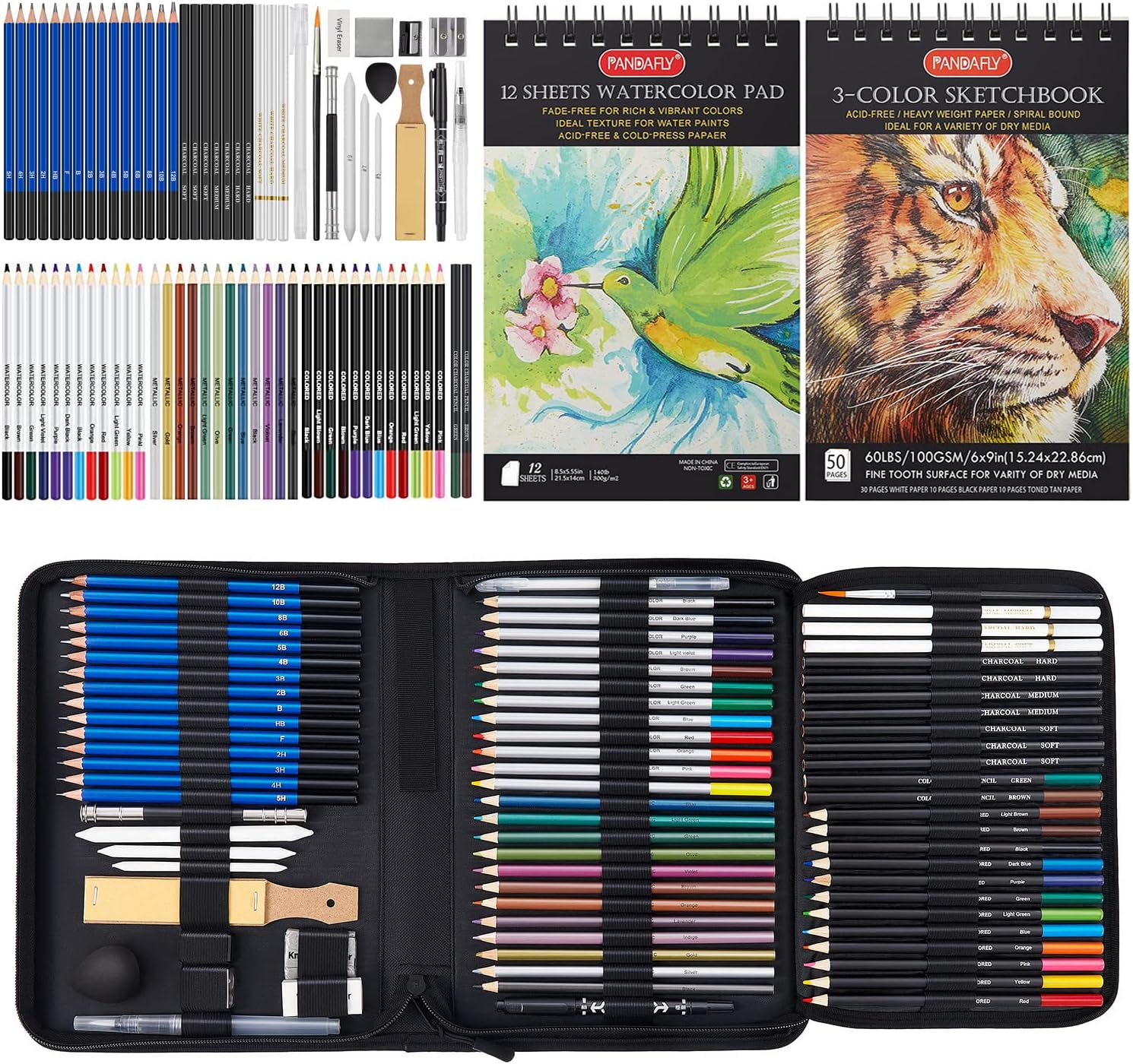 PANDAFLY 80 Pack Drawing Set Sketching Kit, Pro Art Supplies with 3-Color Sketchbook, Watercolor Pad, Colored, Graphite, Charcoal, Metallic Pencil, for Artist Adults Kids Beginner