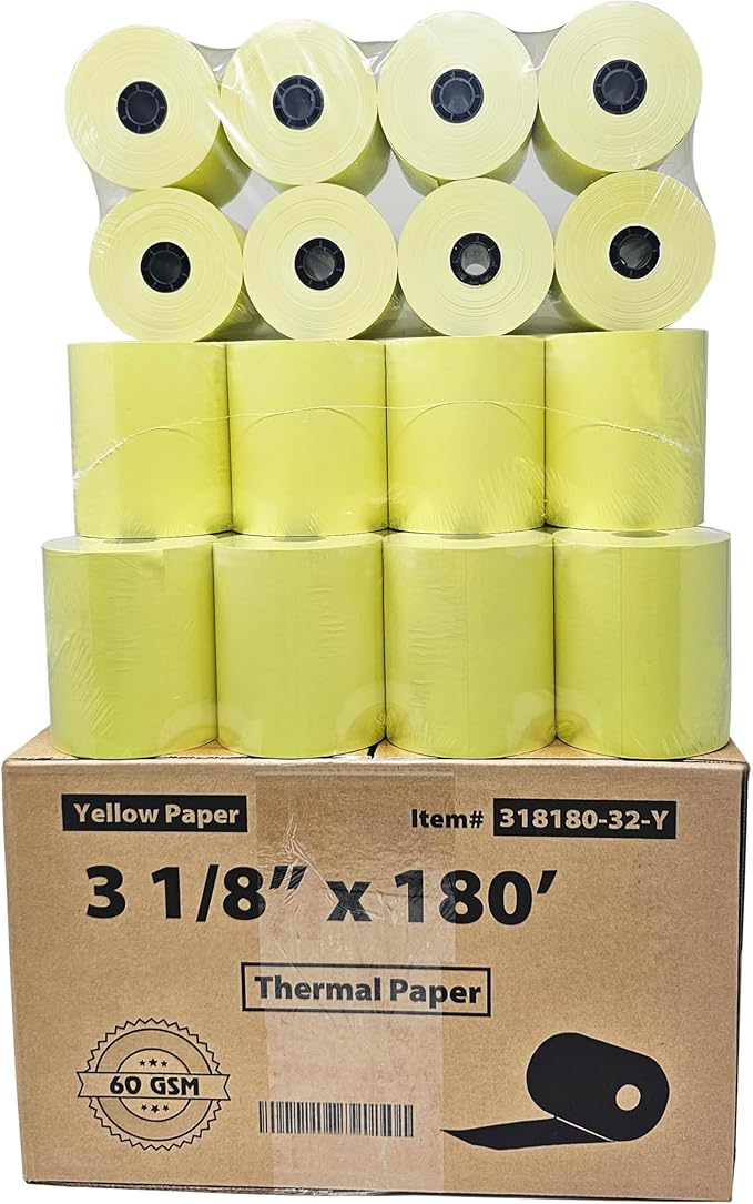 (32 Rolls) 3 1/8 x 180 Yellow Thermal Paper Receipt Rolls (55GSM Paper Thickness) fits all Clover POS Cash Register Printers, Blue Thermal Paper from BuyRegisterRolls