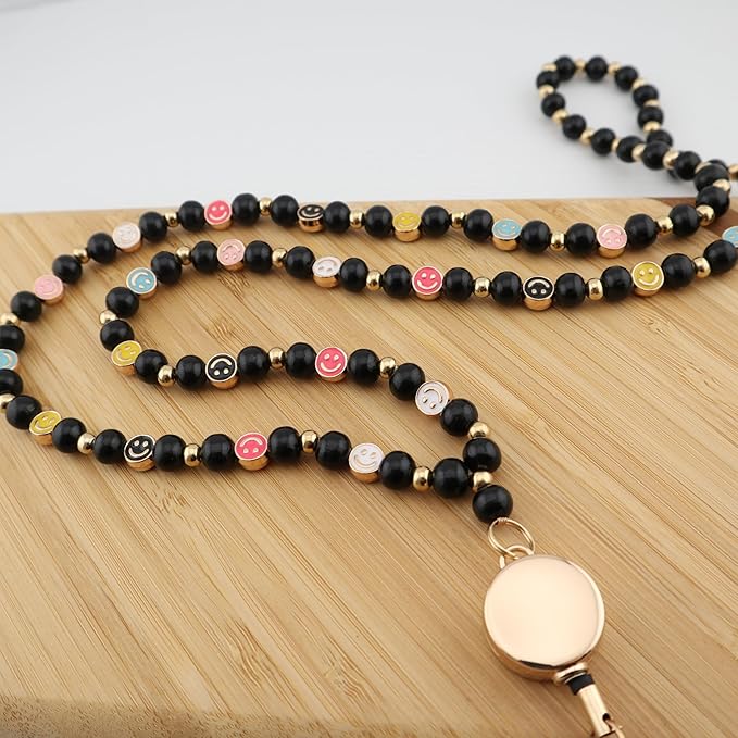 Smile Teacher Lanyard for Women with Retractable ID Badge Reel and Keychain Cute Happy Beads Lanyard