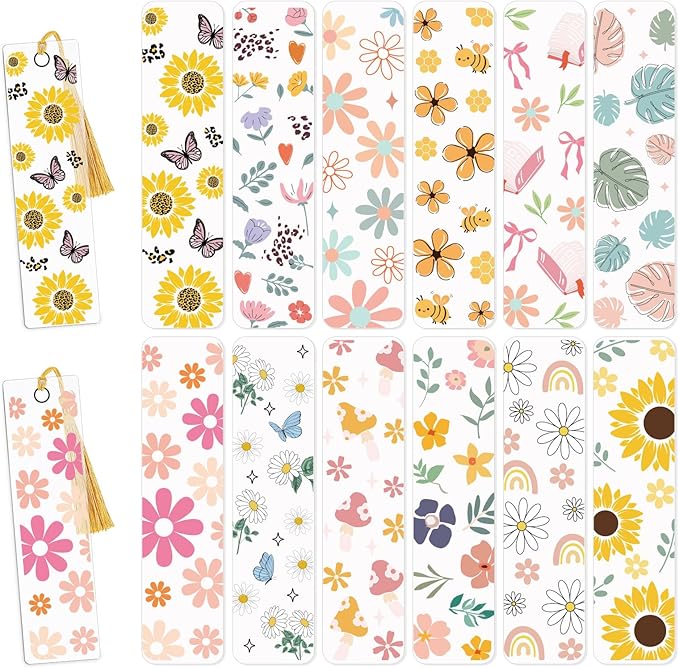 AFRITEE UV DTF Bookmark Stickers - 24 Pcs Flowers Theme Sunflower Uvdtf Decals Stickers for Acrylic Blank Bookmark, Butterfly Rub on Transfer Wraps for Book Lover DIY Blank Bookmarks(Only Stickers)