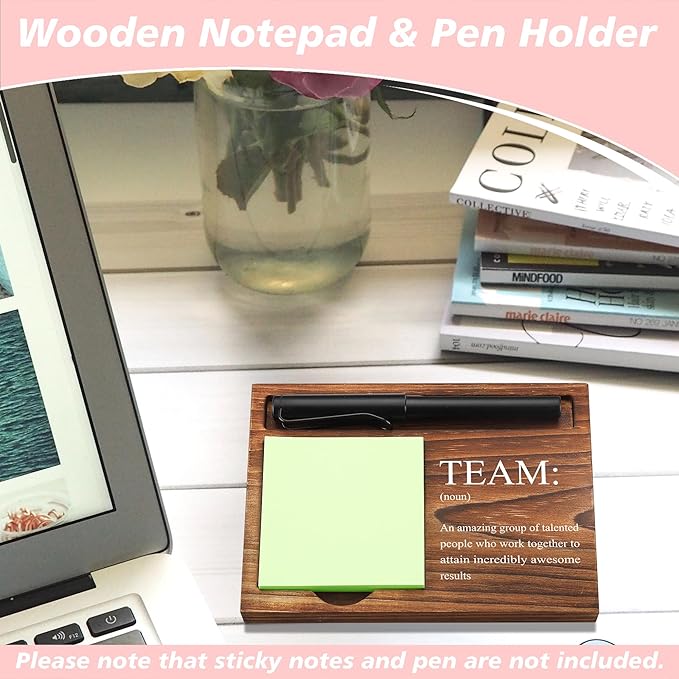 Team Sticky Note Holder Wooden Notepad & Pen Holder 6.5" x 4.7" Sticky Note Pad Holder Dispenser for Desk Team Definition Teamwork Gifts, NPA182