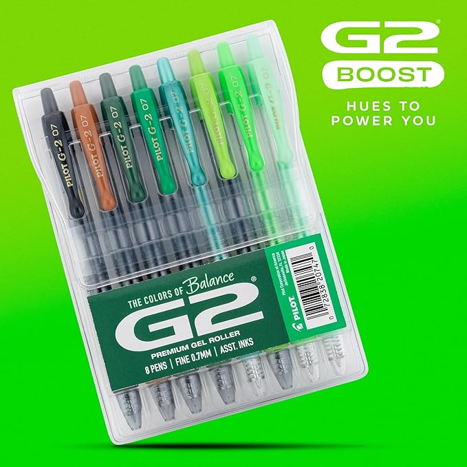 PILOT, G2 Premium Gel Roller Pens, G2 Boost Greens Pack, The Colors of Balance, 8 Pack Pouch, Fine Point 0.7 mm, Assorted