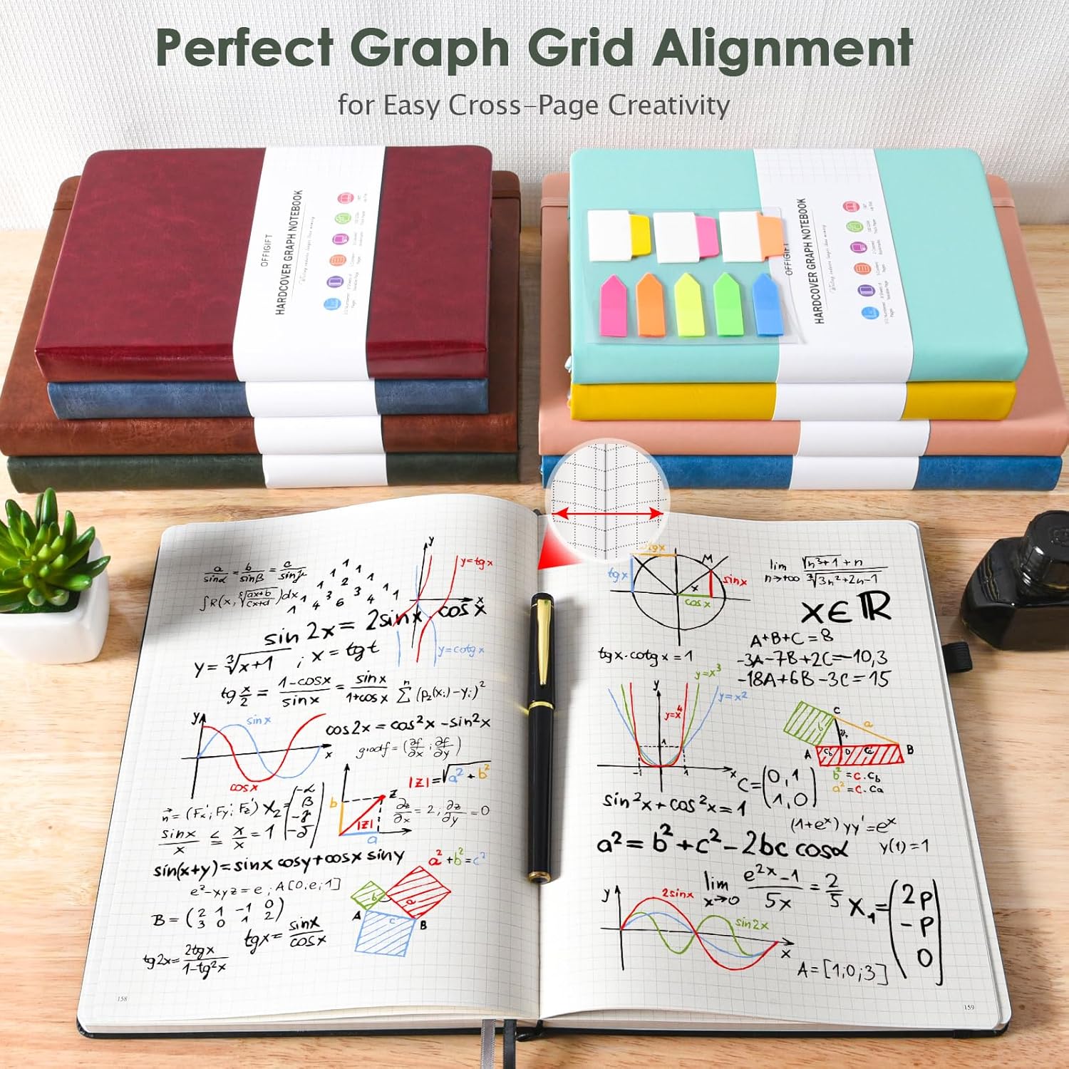 Graph Paper Notebook, 312 Numbered Pages B5 Hardcover Leather Journal, 100gsm No Bleed Grid Paper Notebook with Index Pages, Grid Notebook for Graphing Notes Math, 7.6'' X 10'', Green