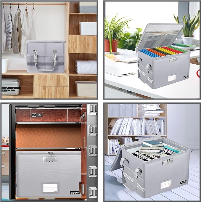 ENGPOW File Box with Lock,Fireproof Document Box with Pockets,Collapsible File Storage Organizer Filing Box with Handle,Portable Home Office File Cabinet Safe for Hanging Folders,2 Pack(Silver)